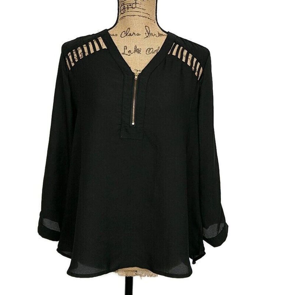 Justify Womens sz L Top Solid Black Zipper‎ Cutout VNeck Long Sleeve Blouse